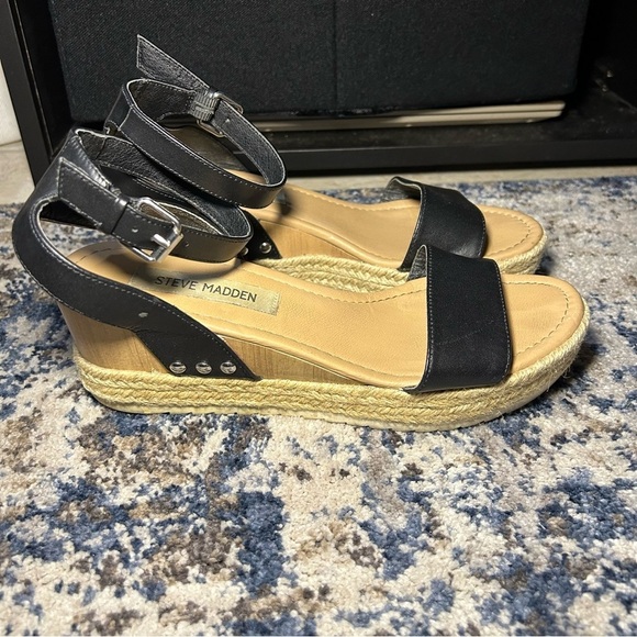 Steve Madden Black Leather Jewell Espadrille Coro Strappy Platform Sandals 7.5 - Picture 1 of 12